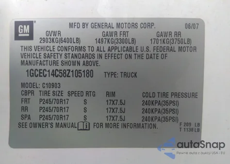 2008 Chevrolet Silverado 1500 Work Truck из США, поврежденный, VIN 1GCEC14C58Z105180